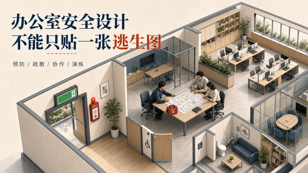 精致2.5D轴测办公室安全设计场景，三位同事围绕平面图进行桌面演练，空间可见清晰出口与连续通行路径