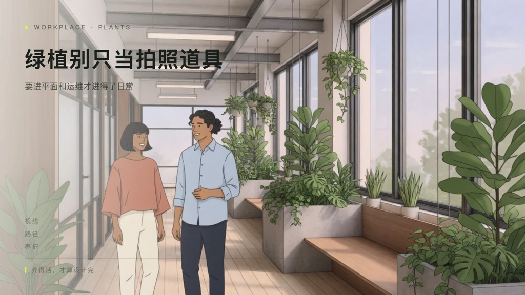 2.5D建筑插画：窗边与邻里走道的分层绿植，两人自然交谈，木钢玻材料，有面孔