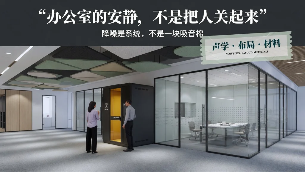 杂志封面风格办公声学效果图：开放办公与安静交谈的同事