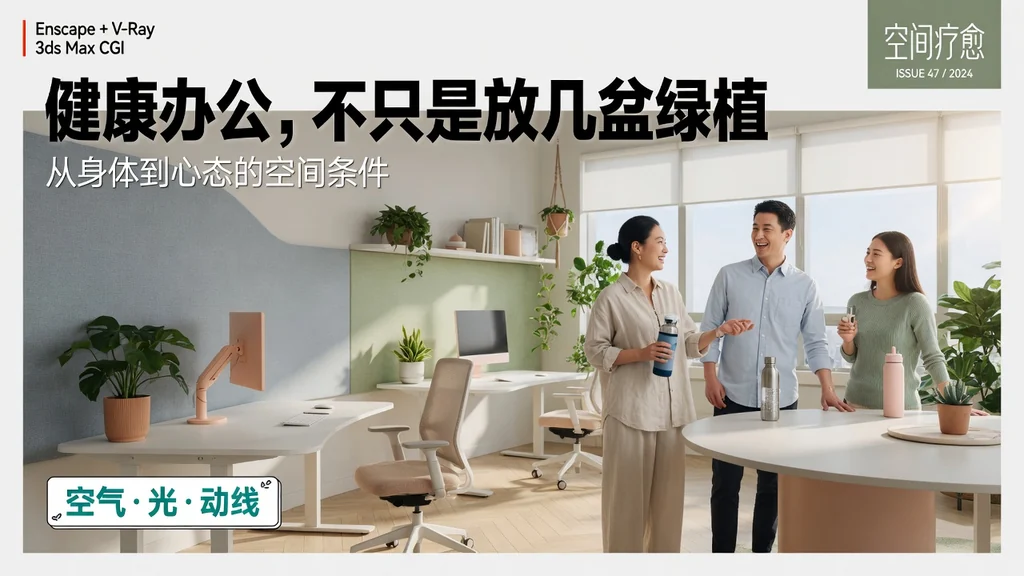 杂志封面风格健康办公效果图：明亮办公室与自然交流的同事
