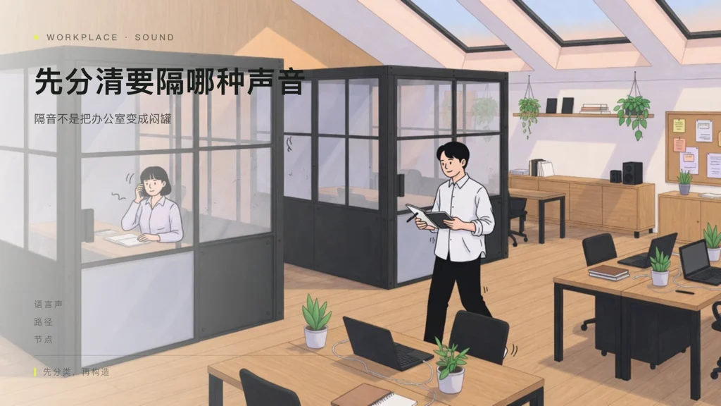 2.5D建筑插画：科技公司办公邻里，玻璃隔声舱与开放工位，两人专注通话与工作，有面孔