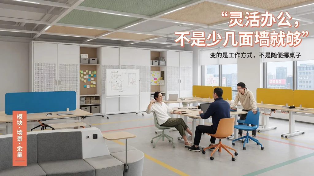 杂志封面风格：办公装修现场与计划讨论的效果图