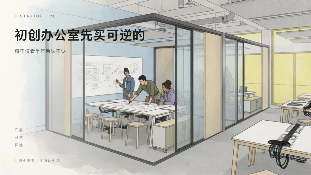 2.5D建筑线描：轻改造初创办公，模块家具、可靠小会议室与白板讨论，三人围看平面草图