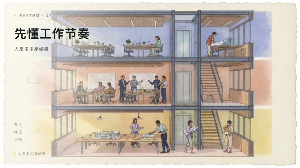 2.5D建筑线描：同一办公邻里在不同时段呈现专注、会议与协作，三人完成一次自然的任务切换