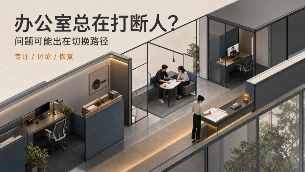 专业线描2.5D办公室，三位同事围绕同一任务在专注位、讨论点与恢复台之间协作
