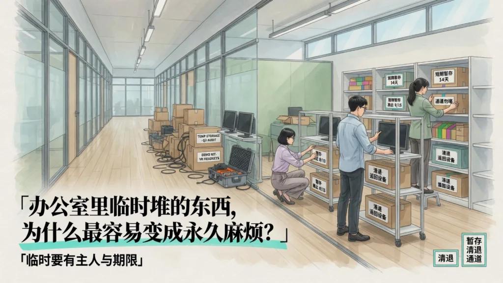 专业线描2.5D办公室，通道旁临时货架与纸箱侵占动线，三位同事共同清理并重新规划暂存区