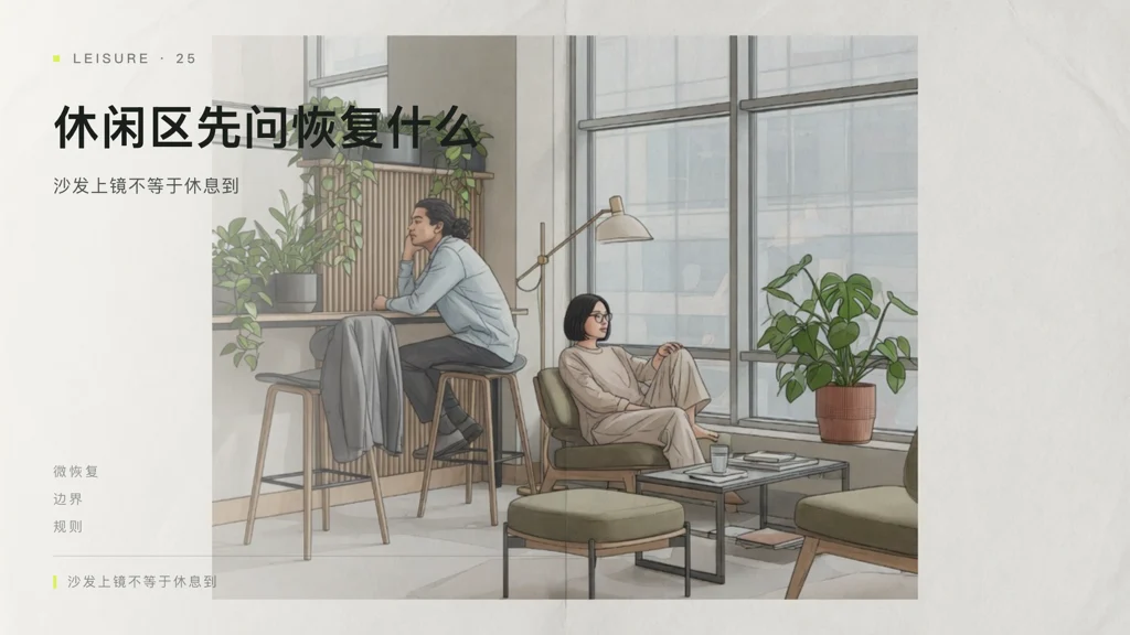2.5D建筑线描：窗边分层休息区，短停靠高凳与软座阅读角，两人安静恢复，界面克制