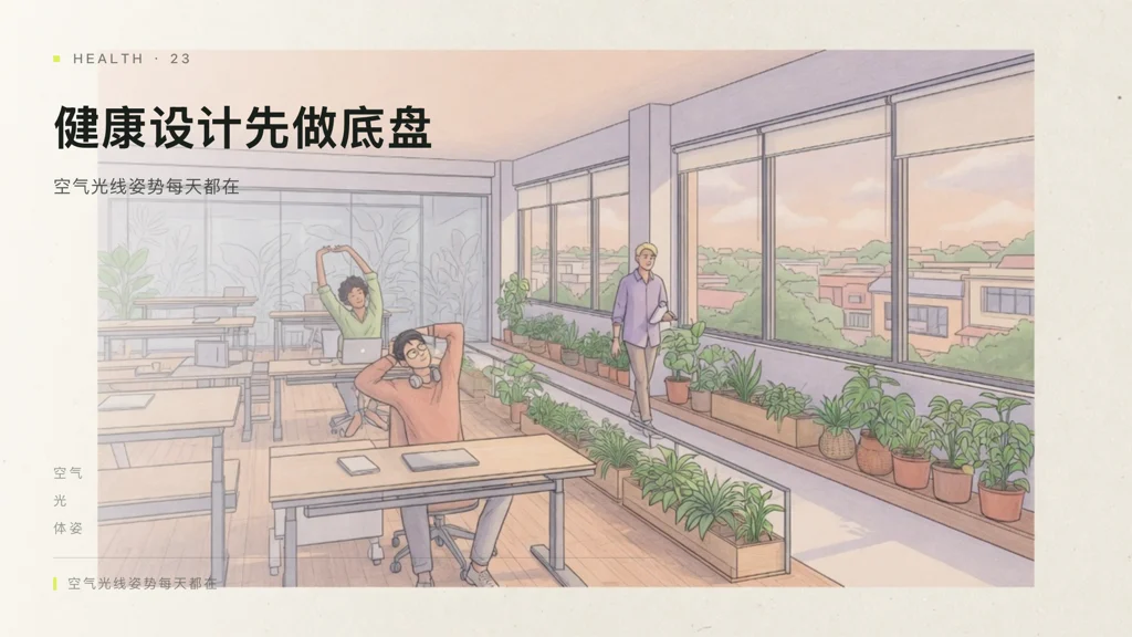 2.5D建筑线描:明亮办公邻里,可调节工位、侧窗漫射光与绿植走道,三人自然工作与短暂伸展