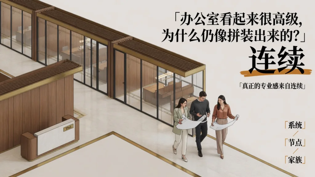 专业线描2.5D办公室轴测，前台到工位走廊材料与尺度连续，三位同事在同一动线上协作查看方案