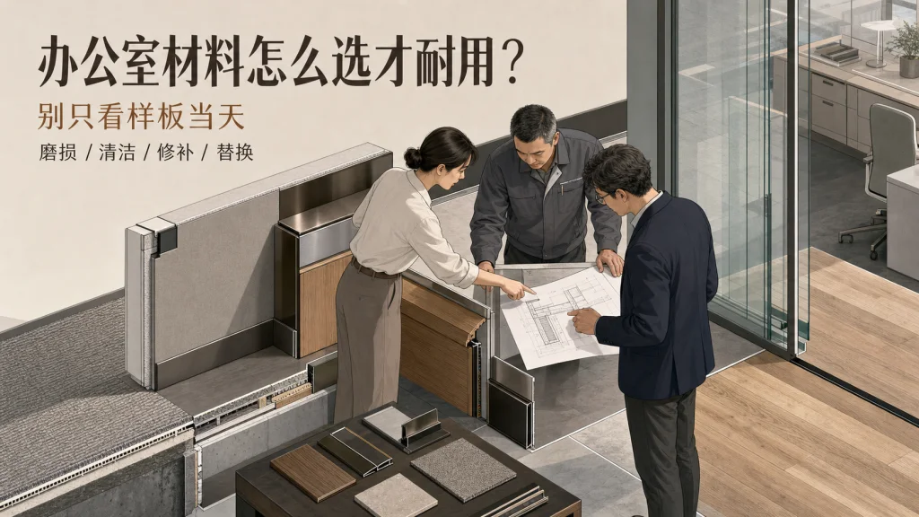 专业线描2.5D办公室材料评审场景，三位项目成员共同检查木材、钢构件和玻璃收口样板