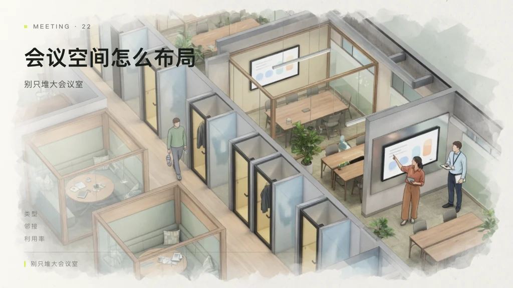 2.5D建筑线描办公室剖切：小讨论间、中型会议室与电话亭沿团队邻里布置，三人在门口协调下一场会议