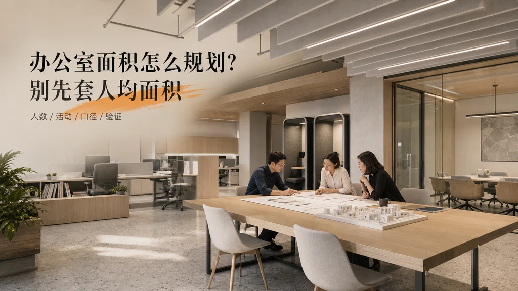 Enscape建筑效果图风格的科技公司办公室:三位项目成员围绕平面图和体块模型讨论面积规划,背景可见工位、会议室与电话间