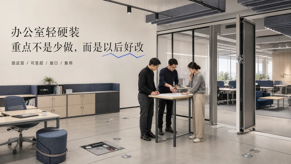 Enscape建筑效果图风格的科技办公室：三位项目成员围绕可拆玻璃隔断节点和模块图讨论，背景可见活动家具与可达设备接口