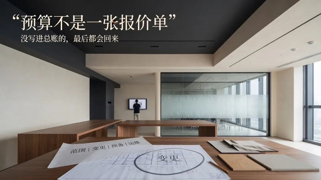 Enscape建筑效果图风格的现代办公室：会议桌放着图纸与材料样板，标注范围、变更、预备与运维