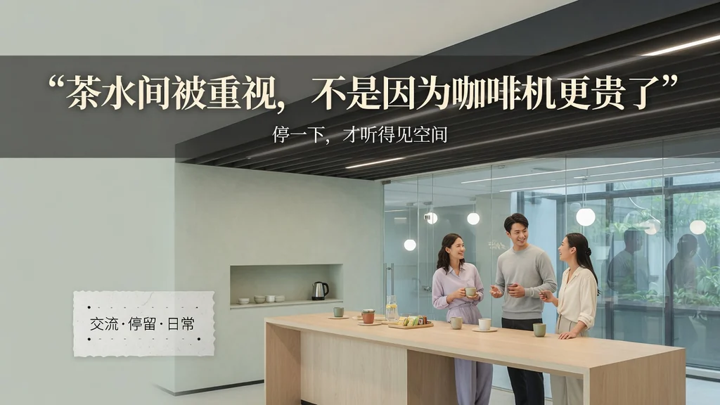 建筑杂志封面风格：效果图茶水区与三位交谈同事，叠印文章标题与副题