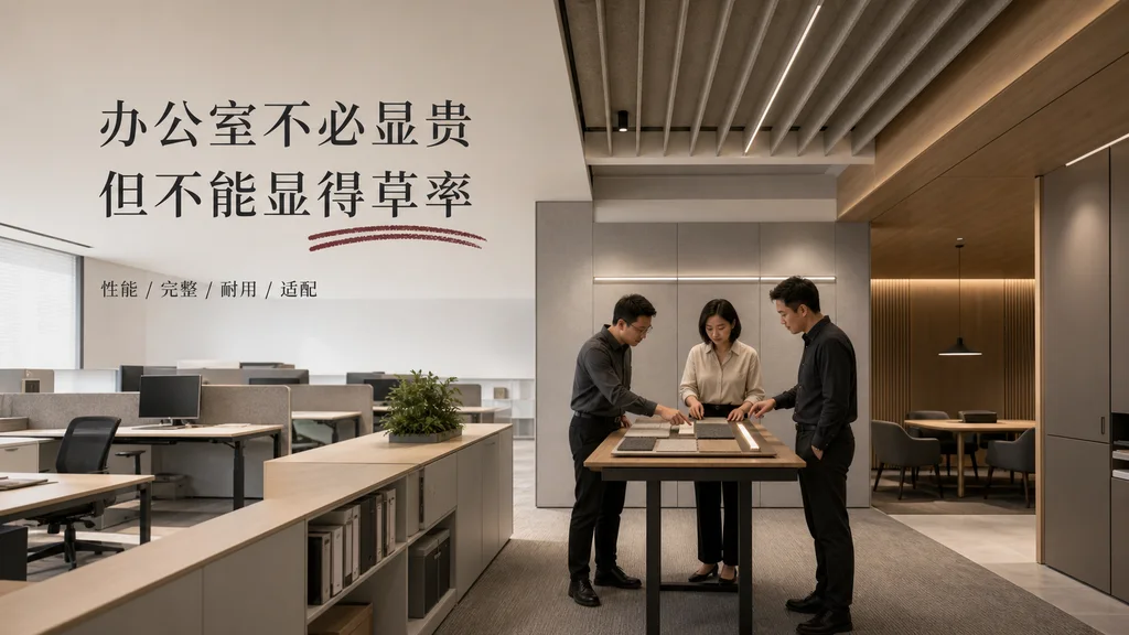 Enscape建筑效果图风格的克制型科技办公室：三人围绕材料与灯光样板讨论，背景可见声学顶面、可调工位和完整细部