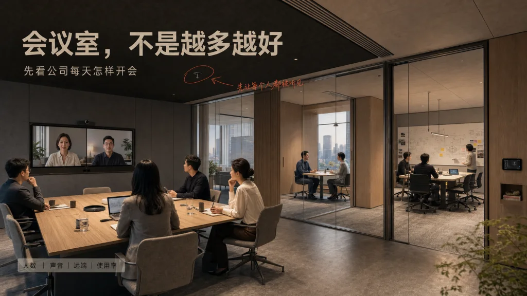 精致建筑杂志封面风格的企业会议系统图：全幅会议空间效果图叠加人数、声音、远端参与和使用数据批注