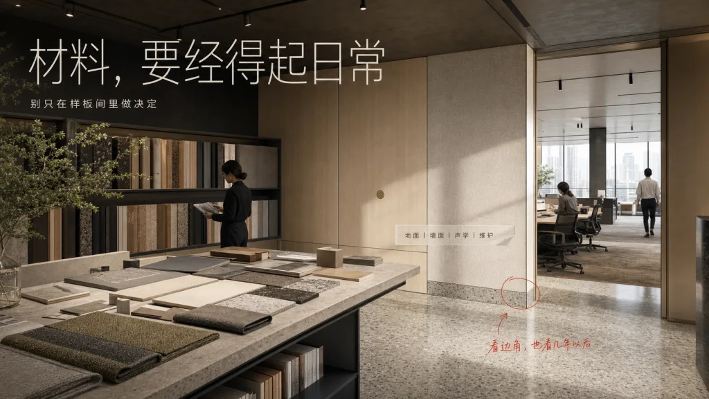 精致建筑杂志封面风格的办公室材料选择图：全幅室内效果图叠加地面、墙面、声学与维护批注