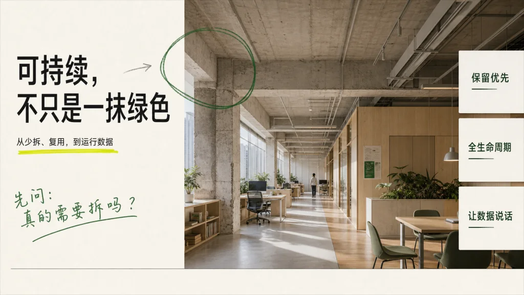 可持续总部建筑效果图与杂志编辑排版：保留优先、全生命周期和运行数据三项设计提示