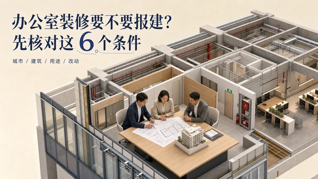 精致2.5D轴测办公室报建评审，建筑师、企业代表与物业人员共同查看一套装修图纸，空间呈现结构、消防与外立面层次
