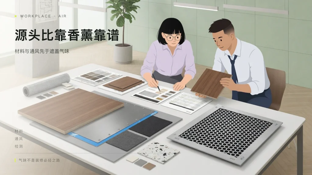 2.5D建筑插画:材料样板与通风示意的办公装修现场,专业讨论材料报告,有面孔