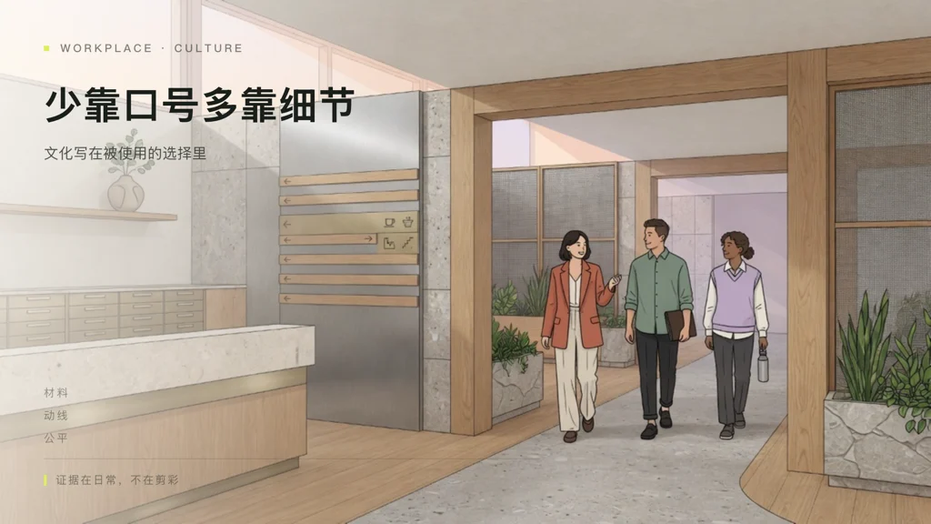 2.5D建筑插画:材料与动线表达品牌的办公前区,三人自然经过与交谈,有面孔