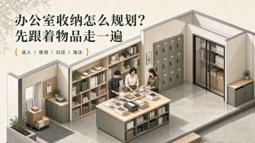 精致2.5D轴测办公室收纳系统,三位同事在中央整理项目样品,周围可见收发区、团队货架、个人储物柜与受控文件柜