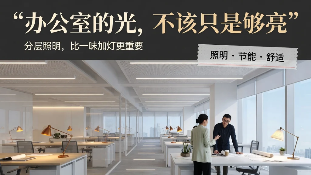 建筑杂志封面风格：分层照明的现代办公效果图，两位同事在工位旁交流