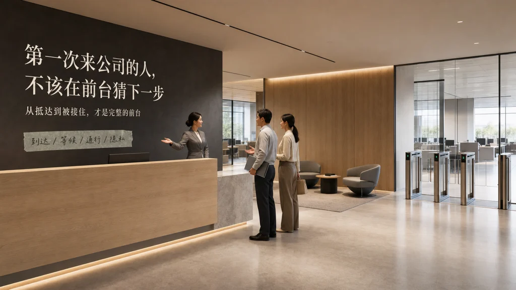 Enscape建筑效果图风格的科技公司前台：接待者正在为两位来访者指引等候区与前场通道，内部门禁边界清楚