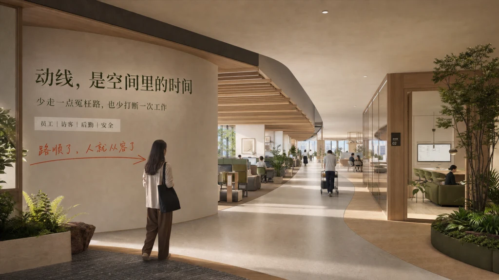 Enscape建筑效果图风格的现代办公室动线场景,展示入口、主通道、工作区和协作区之间的连续关系